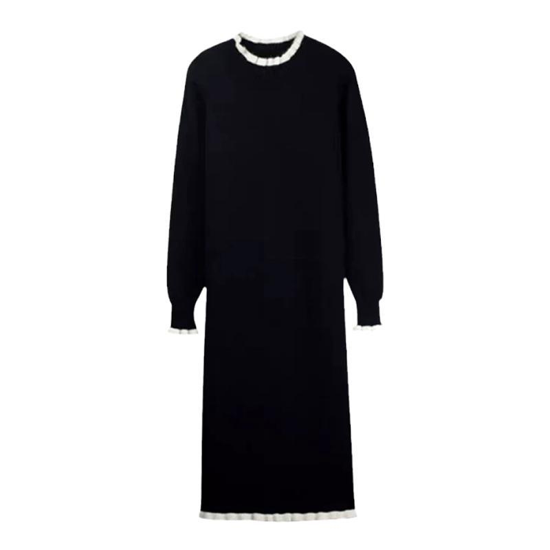 Põimitud imetamise kleit poole kõrge kaelusega, pikkade varrukatega, ühtlane värv, ebakorraparase midi seelikuga – sügis 2024