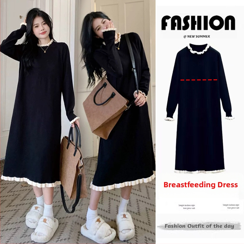 Põimitud imetamise kleit poole kõrge kaelusega, pikkade varrukatega, ühtlane värv, ebakorraparase midi seelikuga – sügis 2024