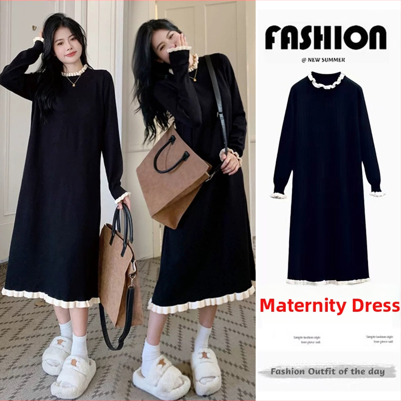 Põimitud imetamise kleit poole kõrge kaelusega, pikkade varrukatega, ühtlane värv, ebakorraparase midi seelikuga – sügis 2024