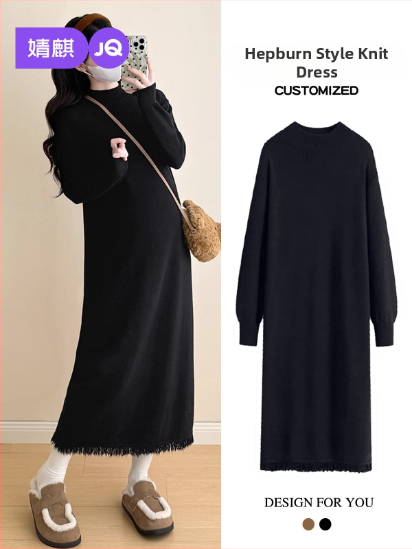 Rasedatele mõeldud kudumkleit, vaba lõige, ümmargune kaelus, pikad varrukad, akrüül-nailon segu