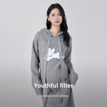 Rasedate sügises kleit, villasegu materjal, V-kaelus, pikad varrukad, keskmise pikkusega, kitsas lõige, jaapani-korea igapäevane stiil