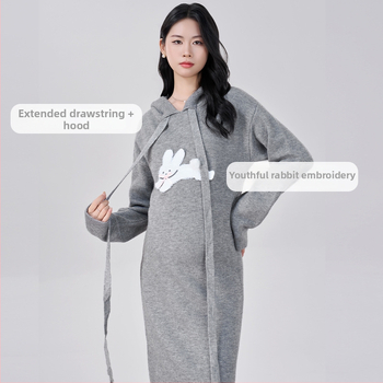 Rasedate sügises kleit, villasegu materjal, V-kaelus, pikad varrukad, keskmise pikkusega, kitsas lõige, jaapani-korea igapäevane stiil