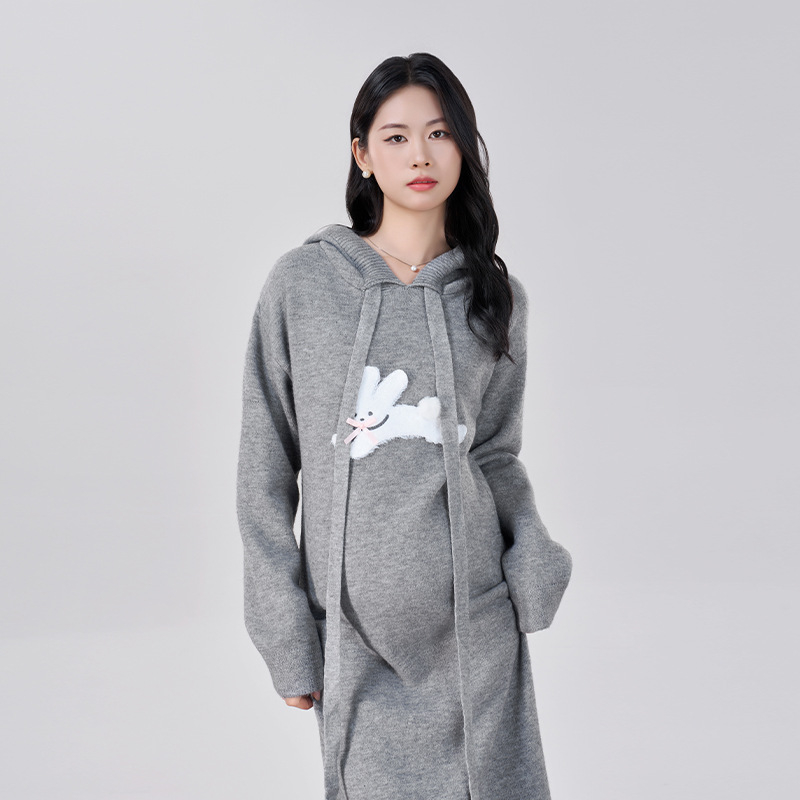 Rasedate sügises kleit, villasegu materjal, V-kaelus, pikad varrukad, keskmise pikkusega, kitsas lõige, jaapani-korea igapäevane stiil