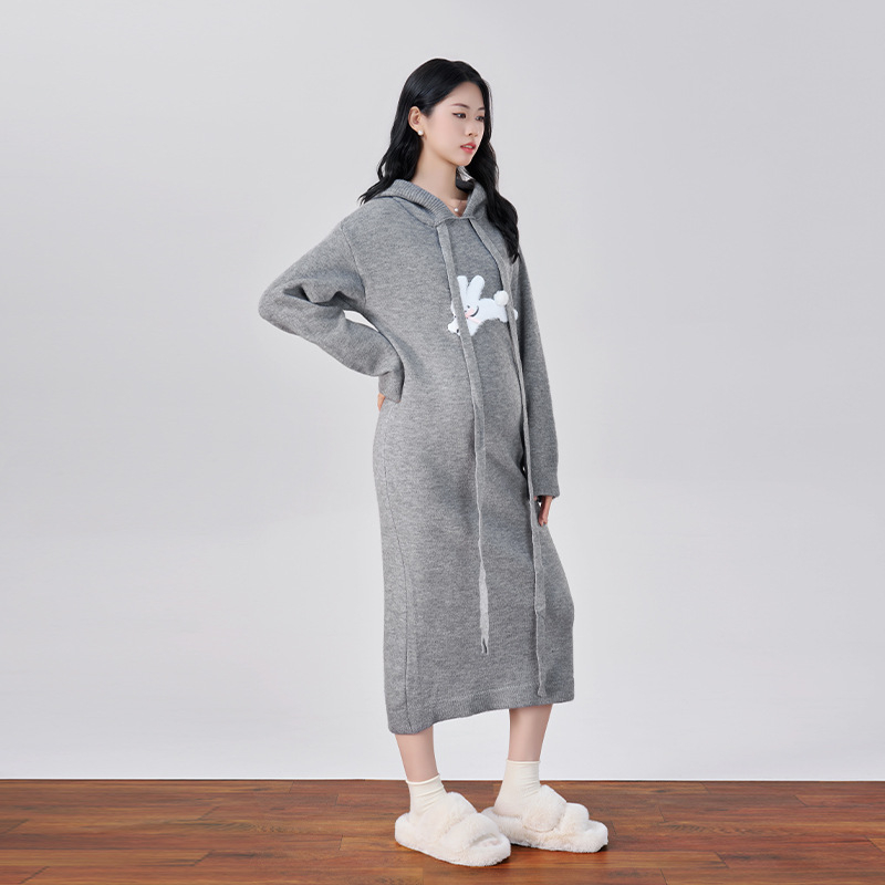 Rasedate sügises kleit, villasegu materjal, V-kaelus, pikad varrukad, keskmise pikkusega, kitsas lõige, jaapani-korea igapäevane stiil