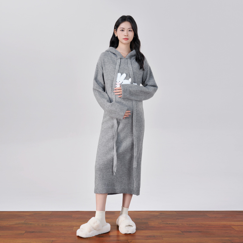 Rasedate sügises kleit, villasegu materjal, V-kaelus, pikad varrukad, keskmise pikkusega, kitsas lõige, jaapani-korea igapäevane stiil