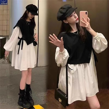 Rasedate midi kleit – ümmarguse kaelusega, pikad varrukad, polüester 95%+, A-line lõige, jaapani-korea vabaajastiil, Kevad 2024