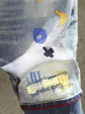 Meeste kapri denim lühikesed püksid viimistletud kulumise detailidega, kits lõige, vintage stiil, puuvillasegu