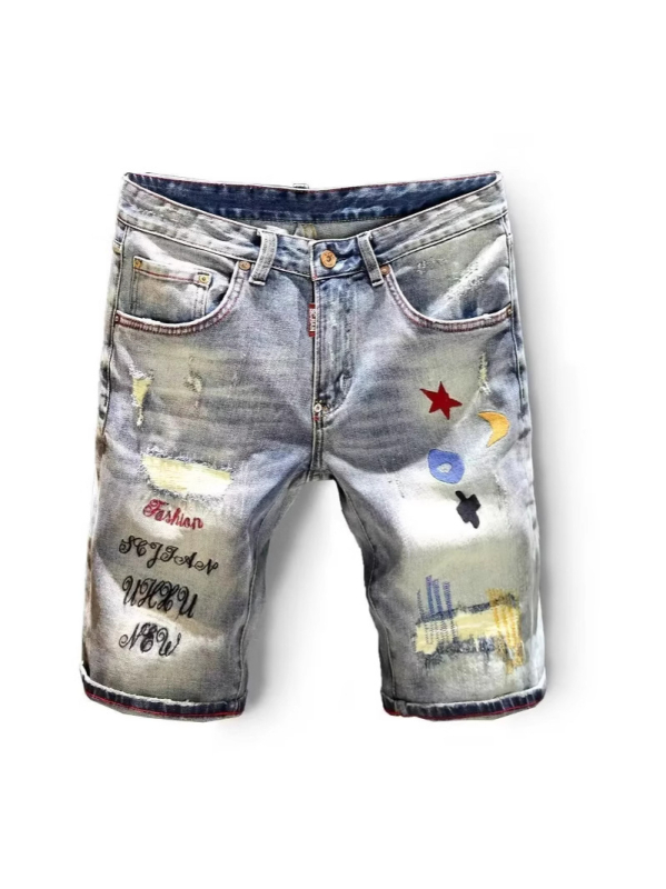 Meeste kapri denim lühikesed püksid viimistletud kulumise detailidega, kits lõige, vintage stiil, puuvillasegu