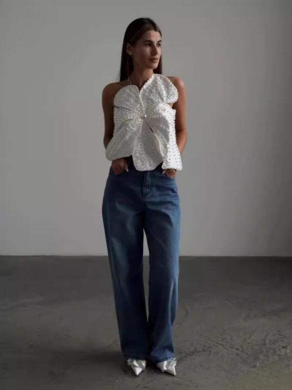 Õlarihmadeta top, avatud selg, nööriga kinnituv, helmeste lillekujundus, polüesterkangas