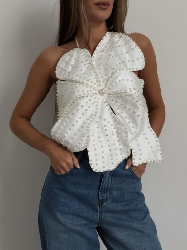 Õlarihmadeta top, avatud selg, nööriga kinnituv, helmeste lillekujundus, polüesterkangas