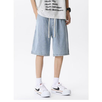 Meeste puuvillased džinsised lühikesed – High Street stiil, sirge lõige, keskmine talje, nupuga sulgemine, põlveni pikkus