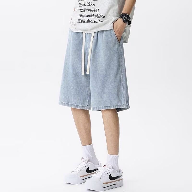 Meeste puuvillased džinsised lühikesed – High Street stiil, sirge lõige, keskmine talje, nupuga sulgemine, põlveni pikkus