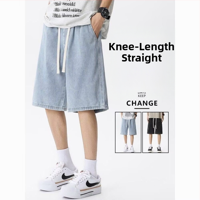 Meeste puuvillased džinsised lühikesed – High Street stiil, sirge lõige, keskmine talje, nupuga sulgemine, põlveni pikkus