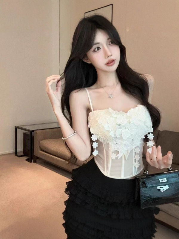 Tube Top Camisole Fishbone Võrguga, Pitskate ja Rinna Padjad – Lühike Pikkus, Kits Lõige, Naiste