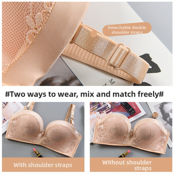 Bezramienková vložka podprsenky na svadobné fotenie – neviditeľná, protišmyková, jednovrstvový dizajn s vyšívanou čipkou, 1/2 košíček