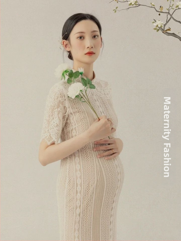 Tehotenské šaty na fotogalériu, vintage Šanghaj štýl s čipkou cheongsam, bavlna zmes 20%, celoročné nosenie, uvedené 2022