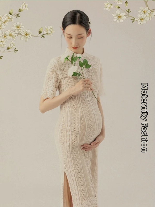 Tehotenské šaty na fotogalériu, vintage Šanghaj štýl s čipkou cheongsam, bavlna zmes 20%, celoročné nosenie, uvedené 2022