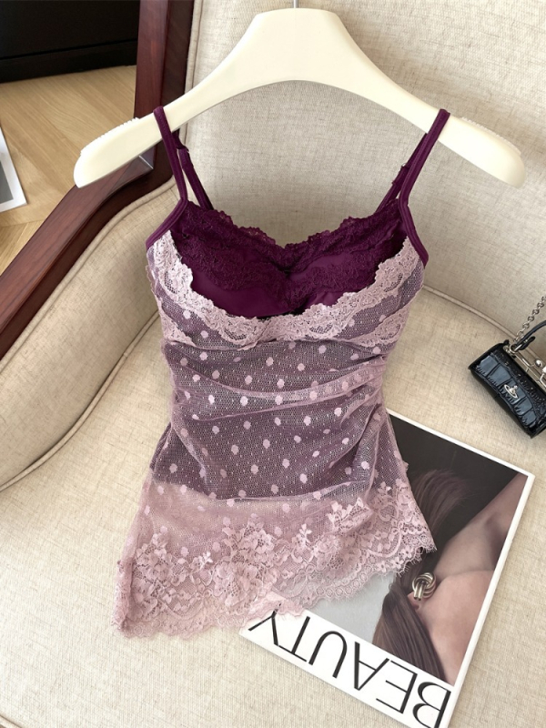 Punktmustriga pitsiline võrgust bustier crop top avatud seljaga, puuvill-elastaan, kitsas lõige, lühike pikkus 40–50 cm