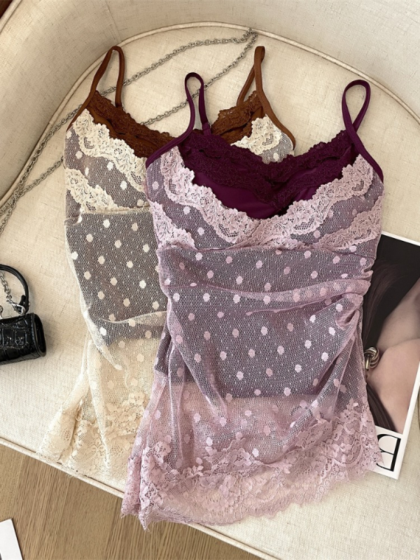 Punktmustriga pitsiline võrgust bustier crop top avatud seljaga, puuvill-elastaan, kitsas lõige, lühike pikkus 40–50 cm