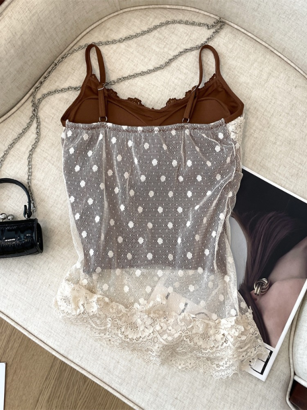 Punktmustriga pitsiline võrgust bustier crop top avatud seljaga, puuvill-elastaan, kitsas lõige, lühike pikkus 40–50 cm