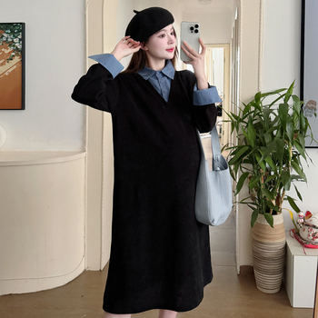 Rasedate kleit tehis-kaksos dizainiga, vaba lõige, särk-kaelusega, pikad varrukad, midi pikkus, ühtlane värv, street fashionista stiil, kõrge temperatuuriga vormimine