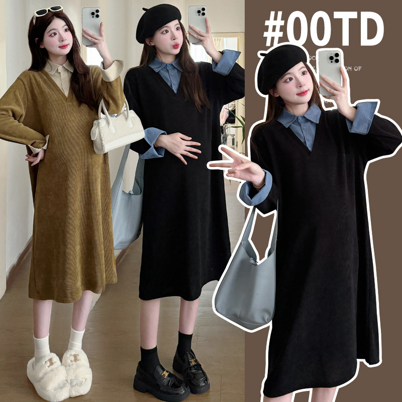 Rasedate kleit tehis-kaksos dizainiga, vaba lõige, särk-kaelusega, pikad varrukad, midi pikkus, ühtlane värv, street fashionista stiil, kõrge temperatuuriga vormimine