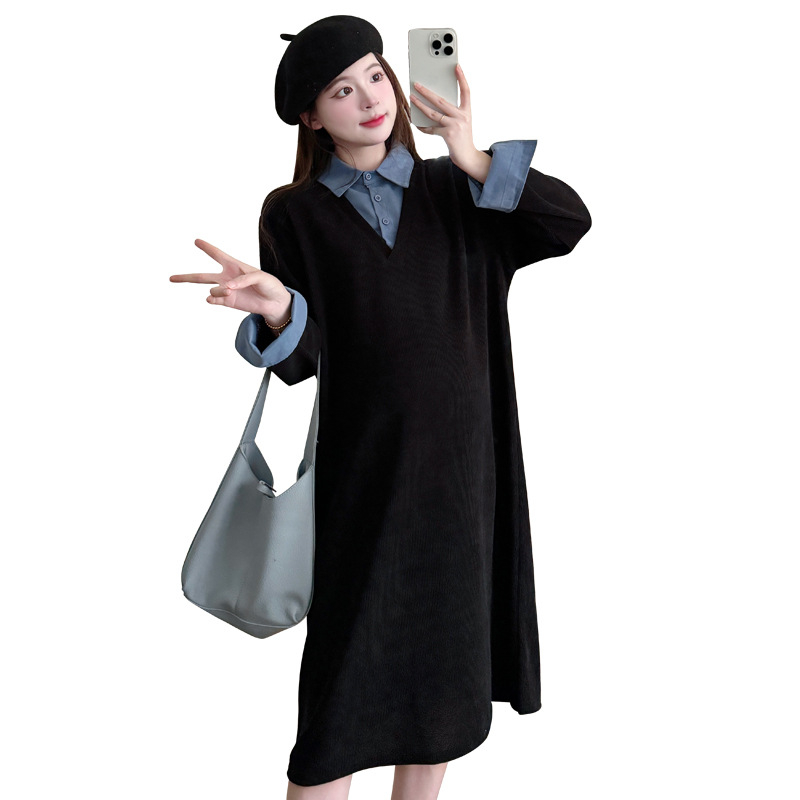 Rasedate kleit tehis-kaksos dizainiga, vaba lõige, särk-kaelusega, pikad varrukad, midi pikkus, ühtlane värv, street fashionista stiil, kõrge temperatuuriga vormimine