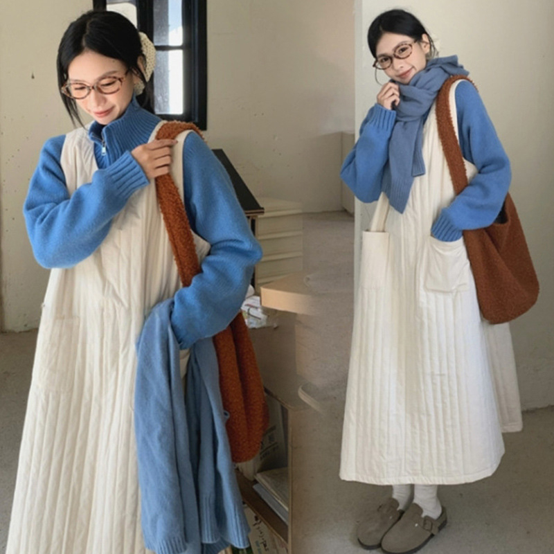 Rasedate talve komplekt: kleit koos vestiga ja imetamisavaga, pikad varrukad, keskmise pikkusega seelik, ühes toonis puuvill-poliesteri segu elastaaniga