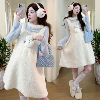 Rasedate kaheosaline komplekt: pikkade varrukatega top ja piespraudes svārki, cartoon lumememme muster, lam fleece kangas, talvise kollektsioon 2025