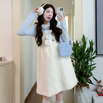 Rasedate kaheosaline komplekt: pikkade varrukatega top ja piespraudes svārki, cartoon lumememme muster, lam fleece kangas, talvise kollektsioon 2025