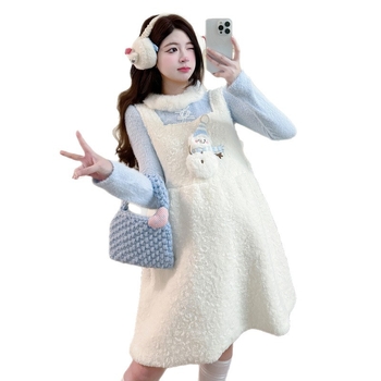 Rasedate kaheosaline komplekt: pikkade varrukatega top ja piespraudes svārki, cartoon lumememme muster, lam fleece kangas, talvise kollektsioon 2025