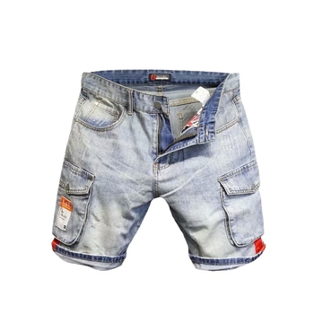 Meeste džinšortsid, hele sinine, korea stiilis, slim-fit, sirge lõige, viie taskuga püksid (suvi 2023, puuvillasegu, polüester)