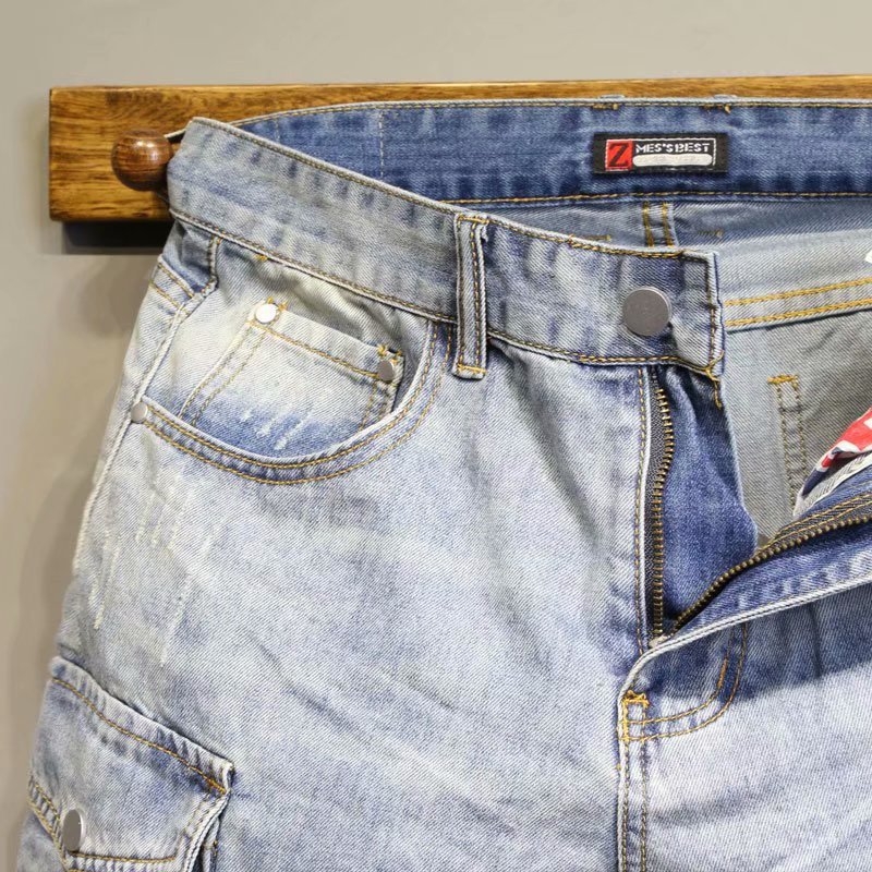 Meeste džinšortsid, hele sinine, korea stiilis, slim-fit, sirge lõige, viie taskuga püksid (suvi 2023, puuvillasegu, polüester)