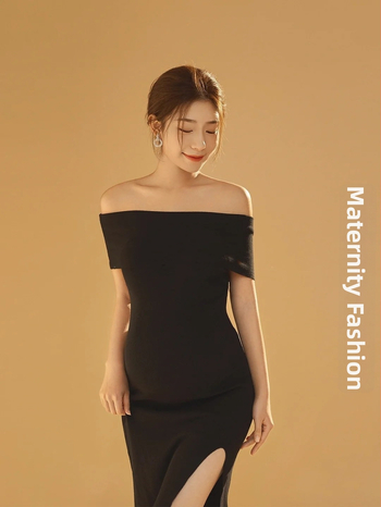 Rasedate trikootud kleit avatud õlgade ja lõhestusega – 20% puuvill, kõikidel aastaaegadel