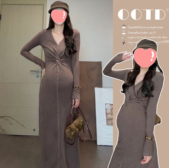 Rasedate kleit V-kaelusega, pikad varrukad, midi pikkus, puuvillane kudum, täheke stiil