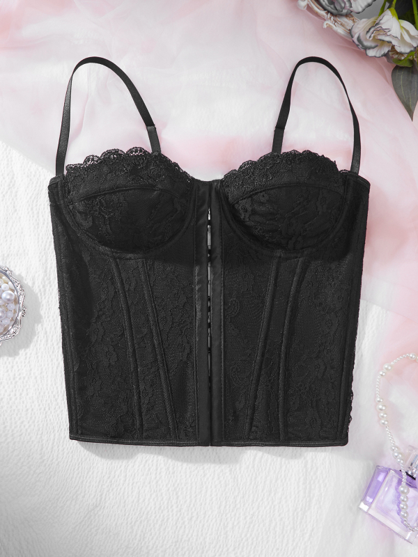 Dámske čipkované camisole s ramienkami, vzadu otvorené, s výstužou a kosťami, zapínanie na gombíky, kvetinový vzor, krátka dĺžka