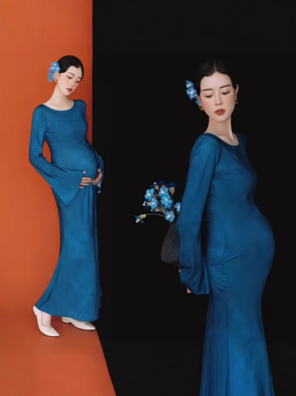 Rasedate kleit, prantsuse inspireeritud Zen-stiil, pikad varrukad, polüesterkangas, polüesterisisaldus alla 30%, kevad 2025 väljaanne, koduses kõhtu pildistamiseks