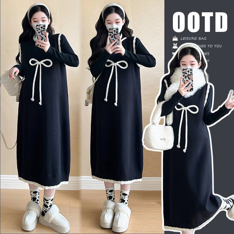 Rasedatele mõeldud kudumiskostüüm koos midi-seeliku ja paelaga vestiga – sügis-talv 2025, pikkade varrukatega, viskoos 30–50%