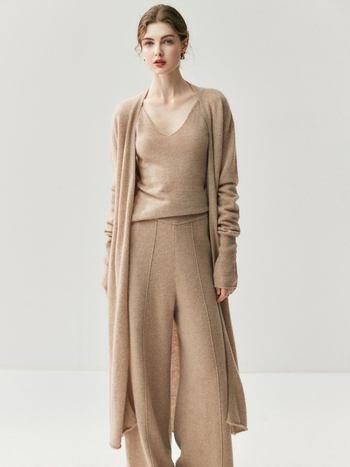 Ženski kardigan od kašmira (30–50%), slobodan kroj, dugačak, bez ovratnika, jednobojni uzorak