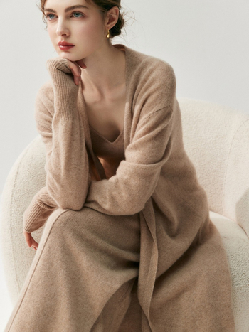 Ženski kardigan od kašmira (30–50%), slobodan kroj, dugačak, bez ovratnika, jednobojni uzorak