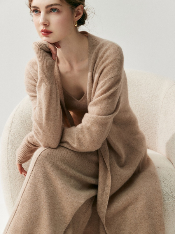 Ženski kardigan od kašmira (30–50%), slobodan kroj, dugačak, bez ovratnika, jednobojni uzorak