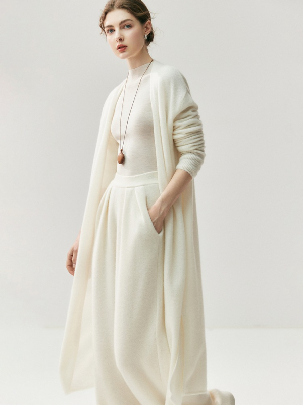 Ženski kardigan od kašmira (30–50%), slobodan kroj, dugačak, bez ovratnika, jednobojni uzorak