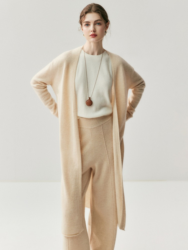 Ženski kardigan od kašmira (30–50%), slobodan kroj, dugačak, bez ovratnika, jednobojni uzorak