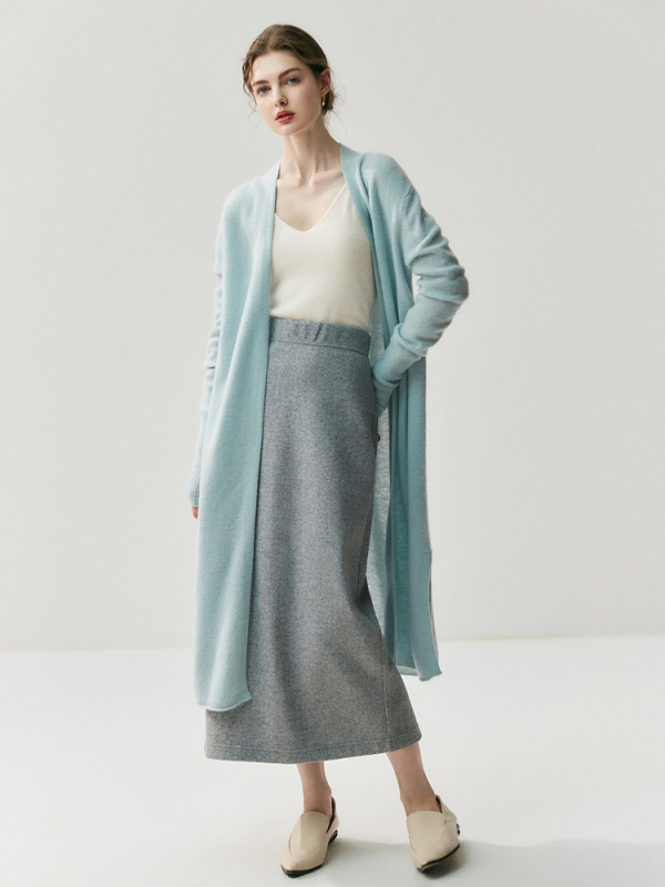 Ženski kardigan od kašmira (30–50%), slobodan kroj, dugačak, bez ovratnika, jednobojni uzorak