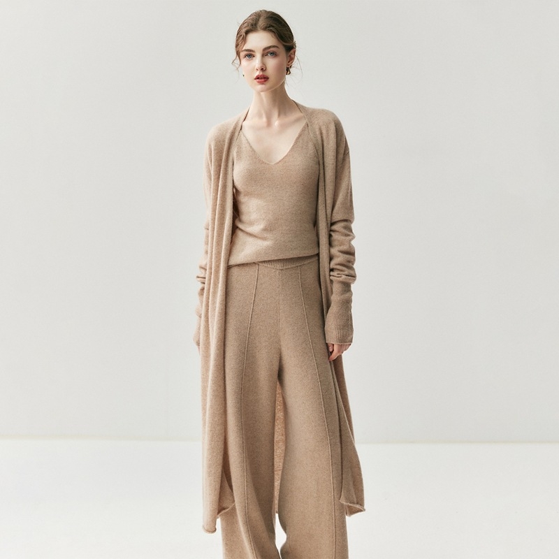 Ženski kardigan od kašmira (30–50%), slobodan kroj, dugačak, bez ovratnika, jednobojni uzorak