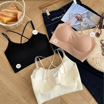Nailonist rinnahoidja top seljal ristuvate rihmadega, vestilaadne stiil, täis tass, õhukesed vormitud tassid