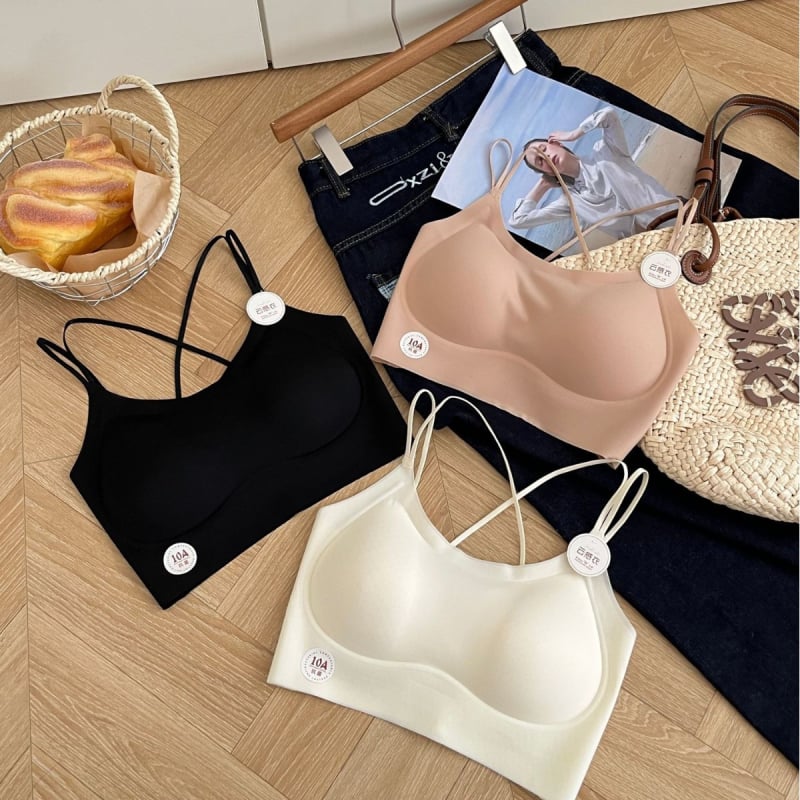 Nailonist rinnahoidja top seljal ristuvate rihmadega, vestilaadne stiil, täis tass, õhukesed vormitud tassid