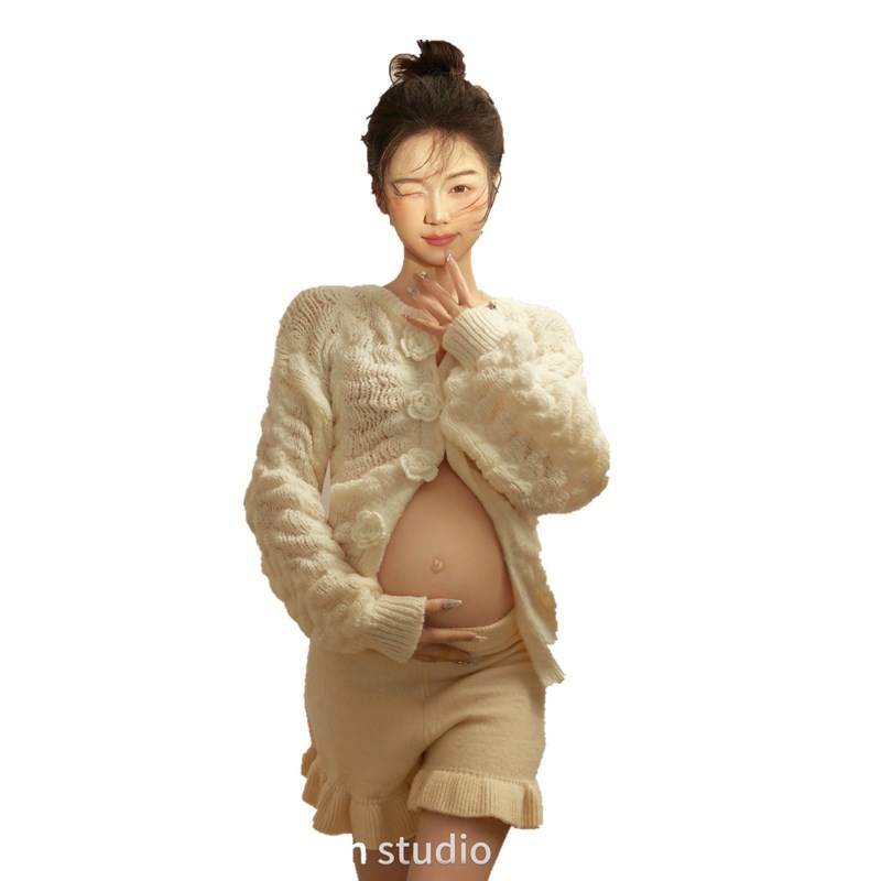 Várandós fotózáshoz szánt pulóveres szett – hosszú karú, poliészter anyag, poliészter arány 50–70%, 2024 ősz, friss és édes stílus