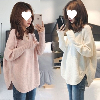 Rasedatele mõeldud kootud top V-kaeluse, 5/4 varrukatega, spandexi segu, jaapani-korea vabaaja stiil