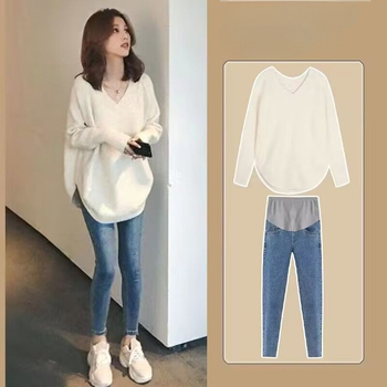 Rasedatele mõeldud kootud top V-kaeluse, 5/4 varrukatega, spandexi segu, jaapani-korea vabaaja stiil